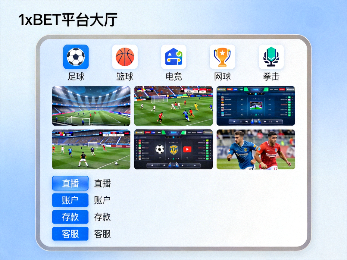 1xBET平台大厅概览，展示各类赛事入口和功能模块